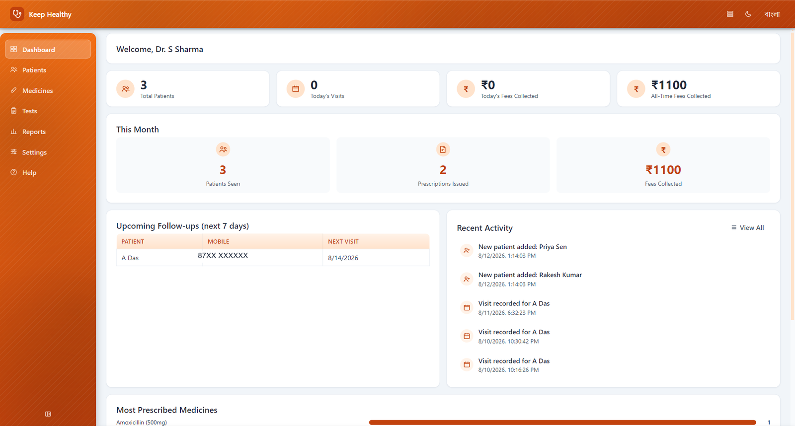 Doctor Assistant dashboard showing today's visits and fees